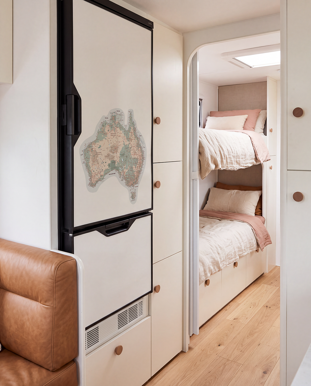 Photo decals displayed inside a caravan