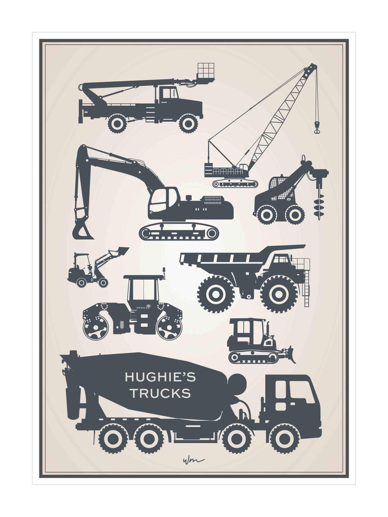 Building Trucks paper art print - Personalised with your child's name - Minimalist - Wondermade