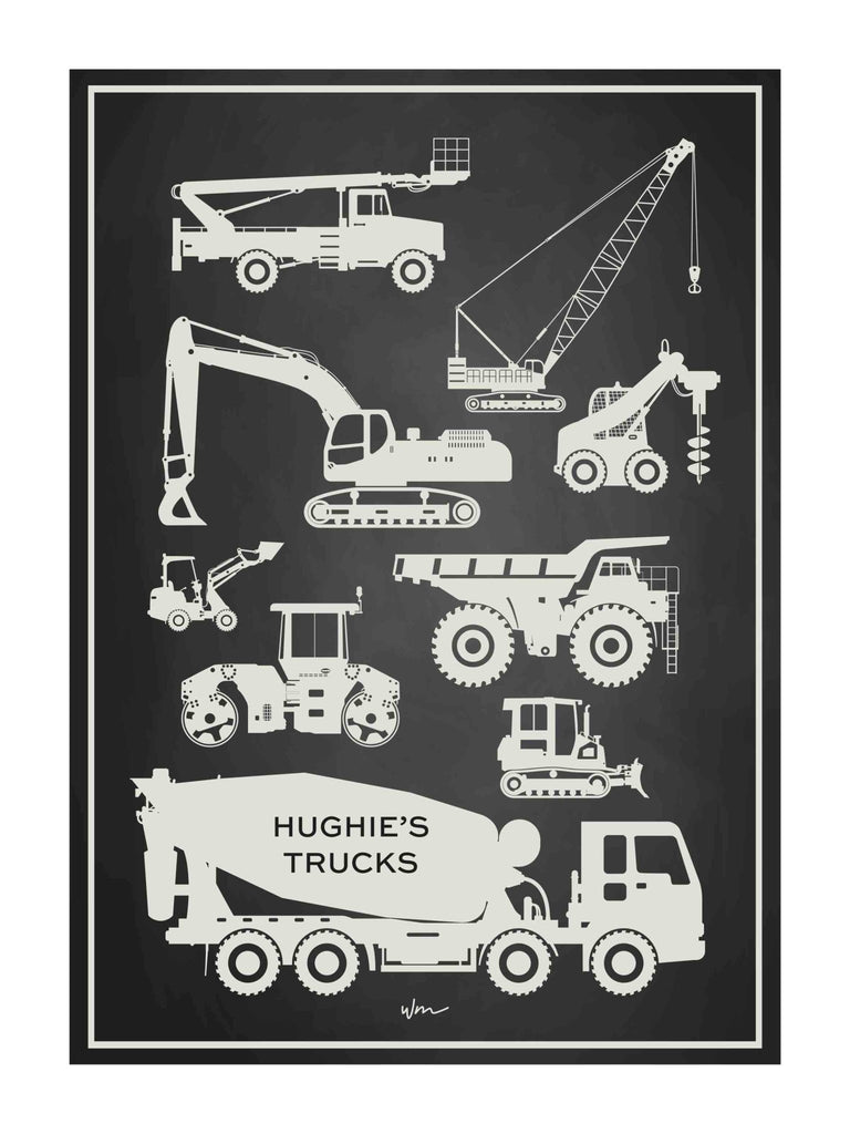 Building Trucks paper art print - Personalised with your child's name - Minimalist - Wondermade