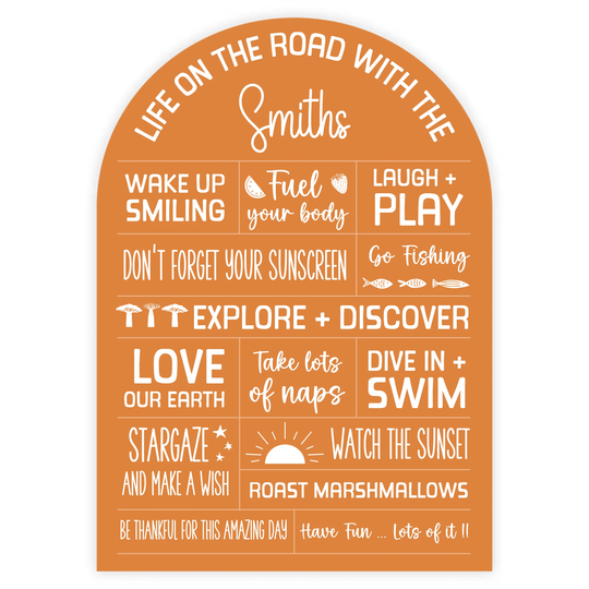 Wandering Ways grid arch decal - Personalise with your family name and "rules."