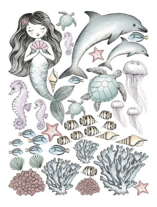 Mermaid & Sea creatures hand drawn watercolour set
